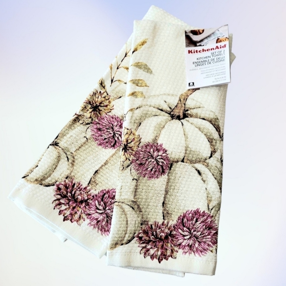 🆑️ CLEARANCE KitchenAid Purple Floral Fall Holiday Pumpkin Towel Set of 2
